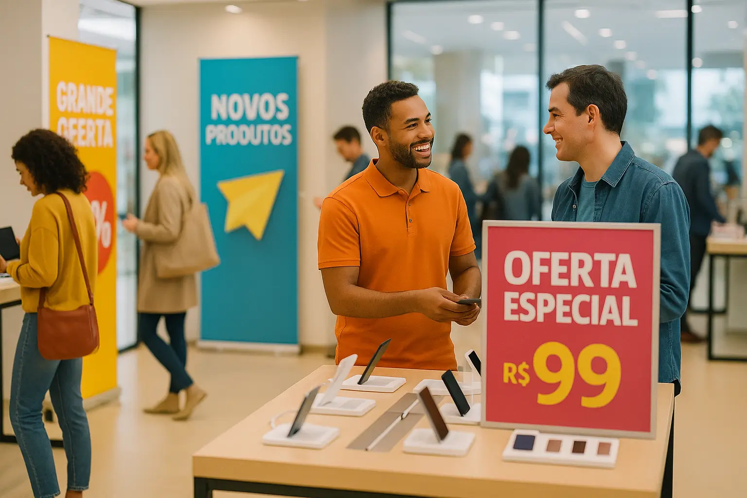 Interior de uma loja moderna e iluminada com displays e banners promocionais coloridos