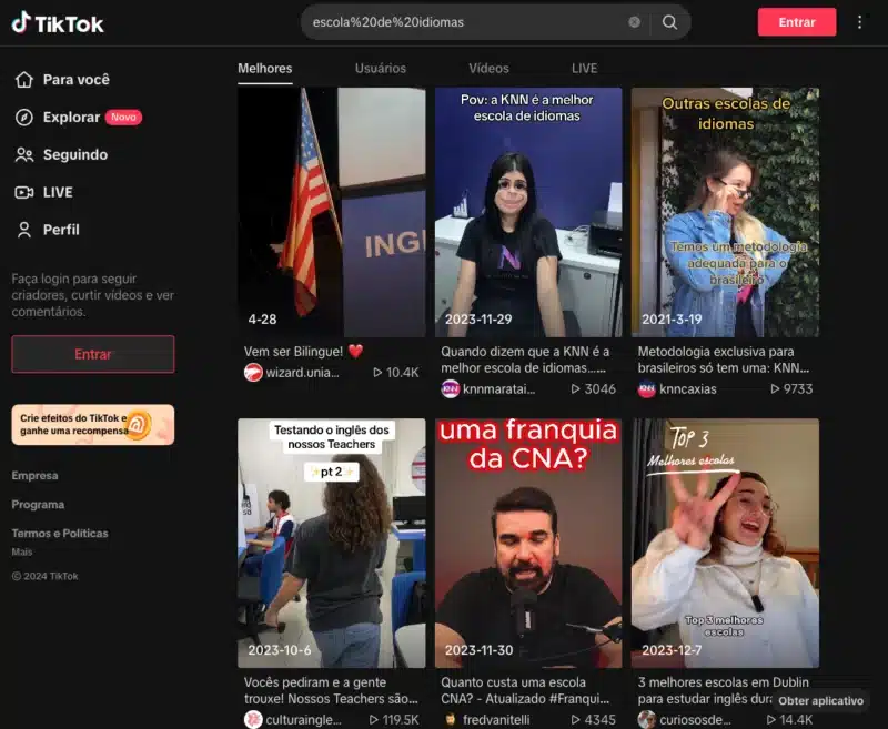 Conteúdos no TikTok para escola de idiomas