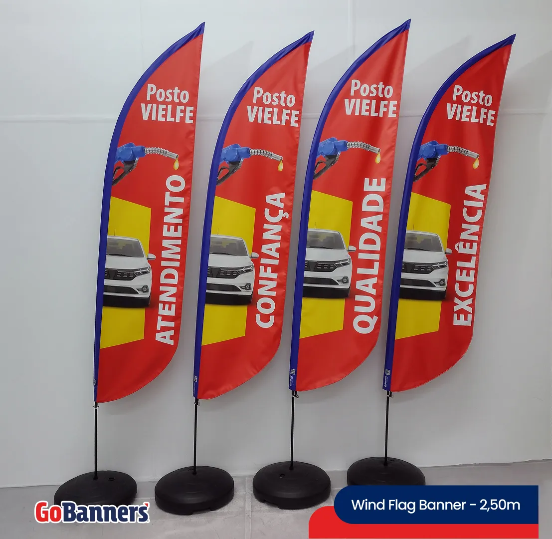 Wind Flag Banner 2,50m Posto Vielfe Atendimento Confianca Qualidade Vermelho Amarelo Azul