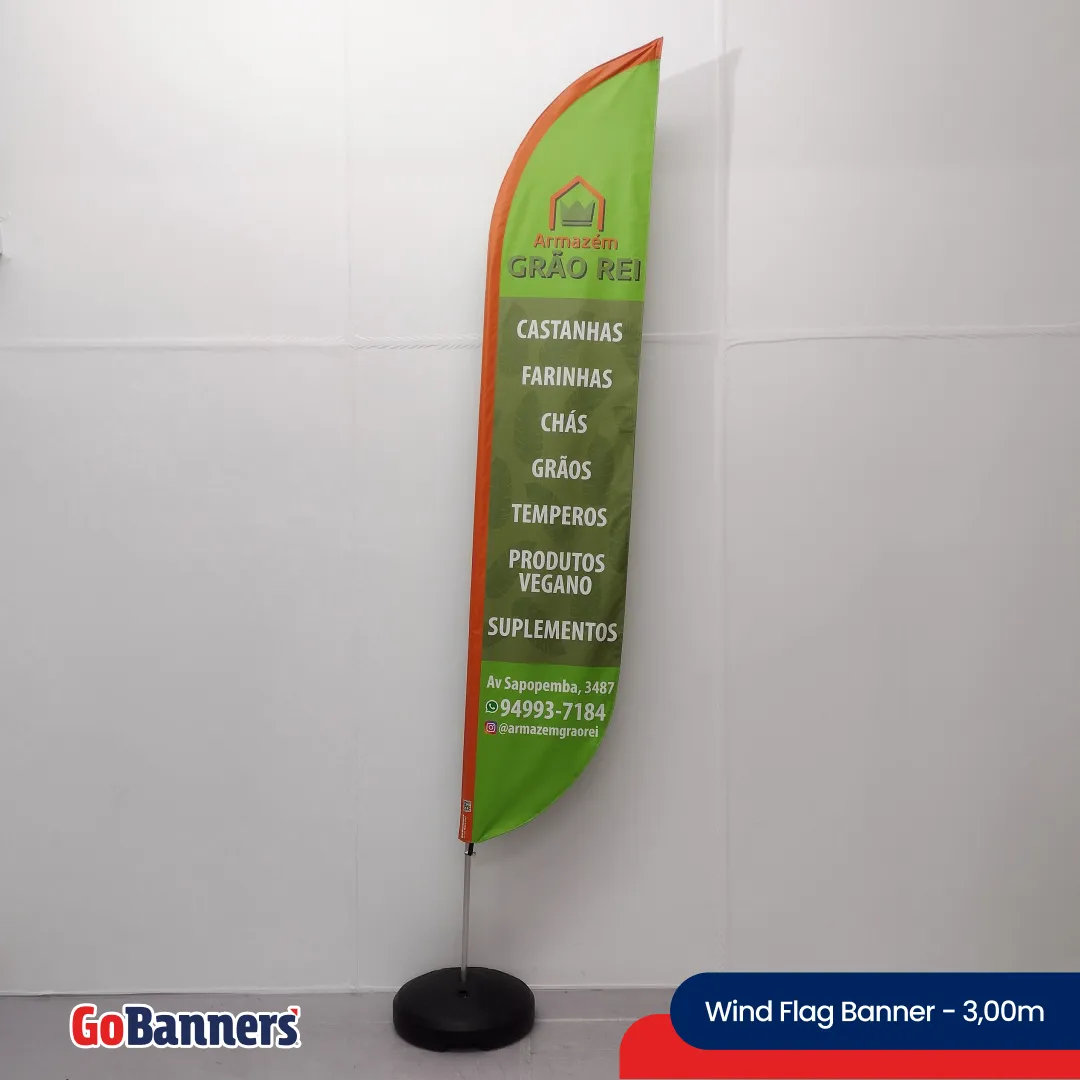 Wind Flag Banner 3 00m Armazem Grao Rei Alimentos Veganos Verde Laranja Branco