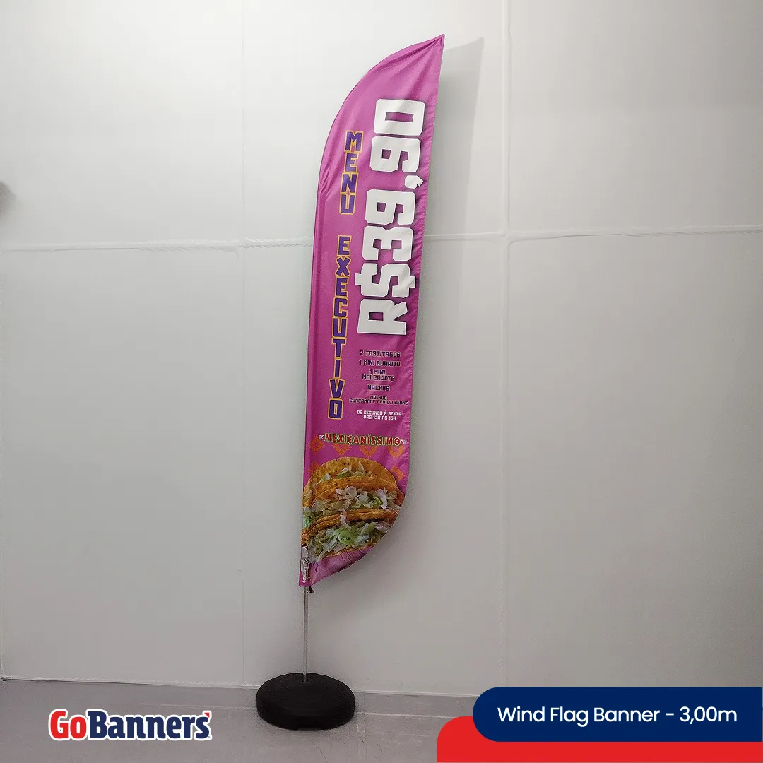 Wind Flag Banner 3,00m Restaurante Pesssego Executivo Carne Rosa Branco
