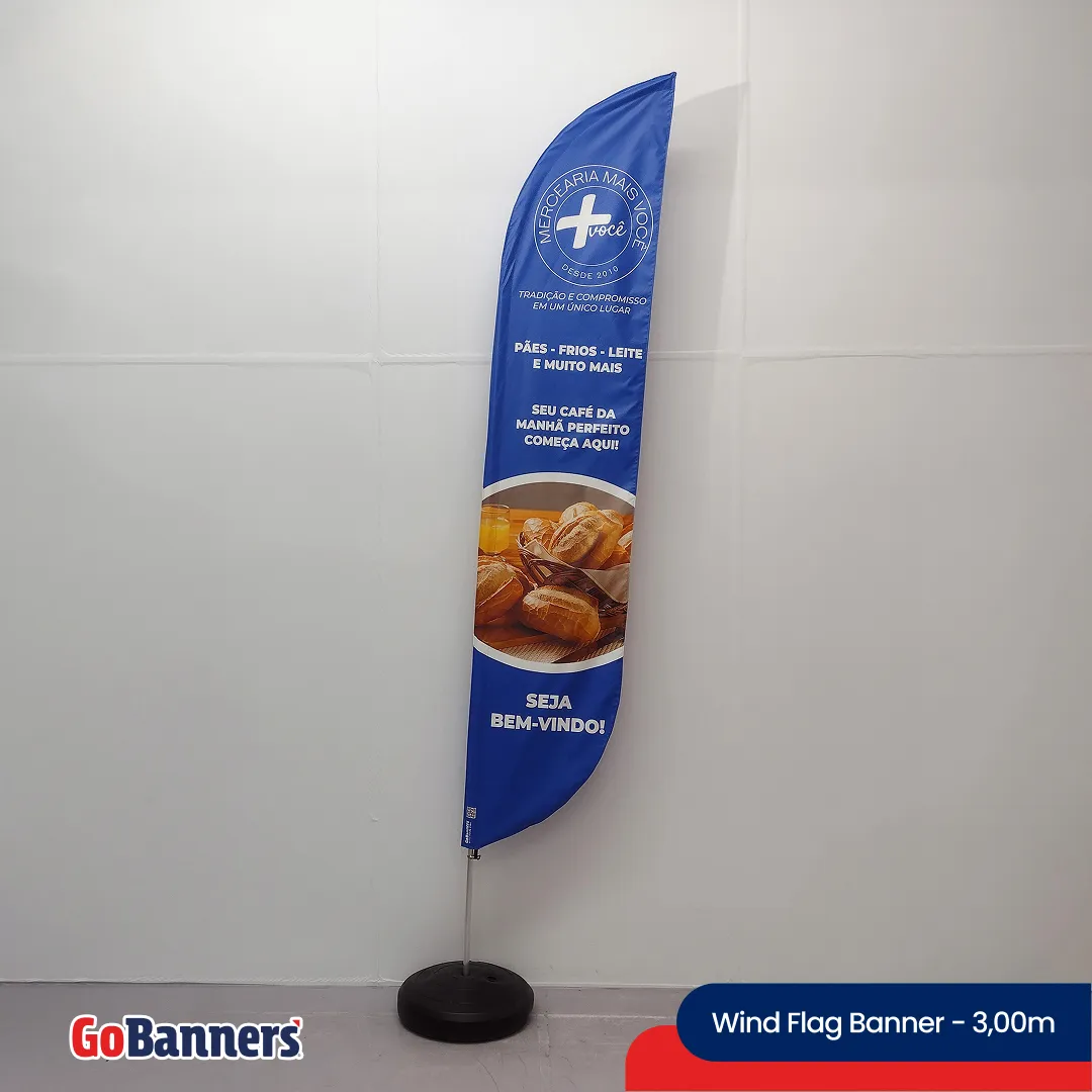 Wind Flag Banner 3m Padaria Mercadinho Mais Paes Frios Leite Manha Perfeito Azul Branco