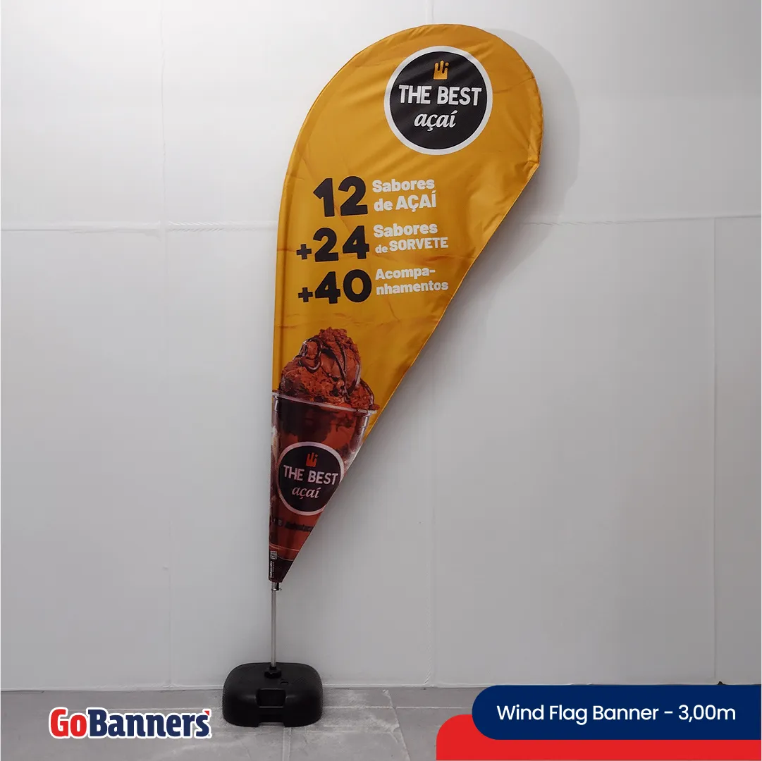 Wind Flag Banner 3m Restaurante The Best Acai Promocao Sabores Amarelo Vermelho Preto