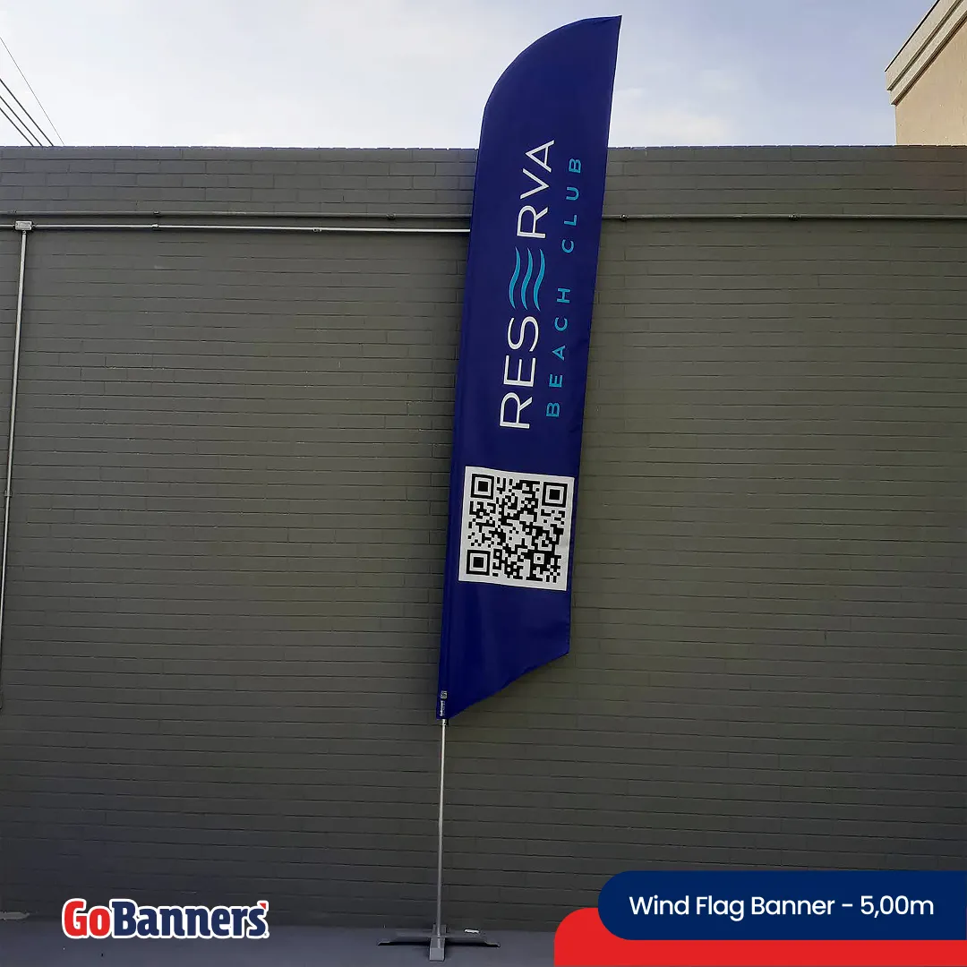 Wind Flag Banner 5m Beach Club Reserva Qr Code Azul Branco