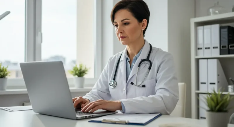 Profissional da saúde utilizando computador para marketing