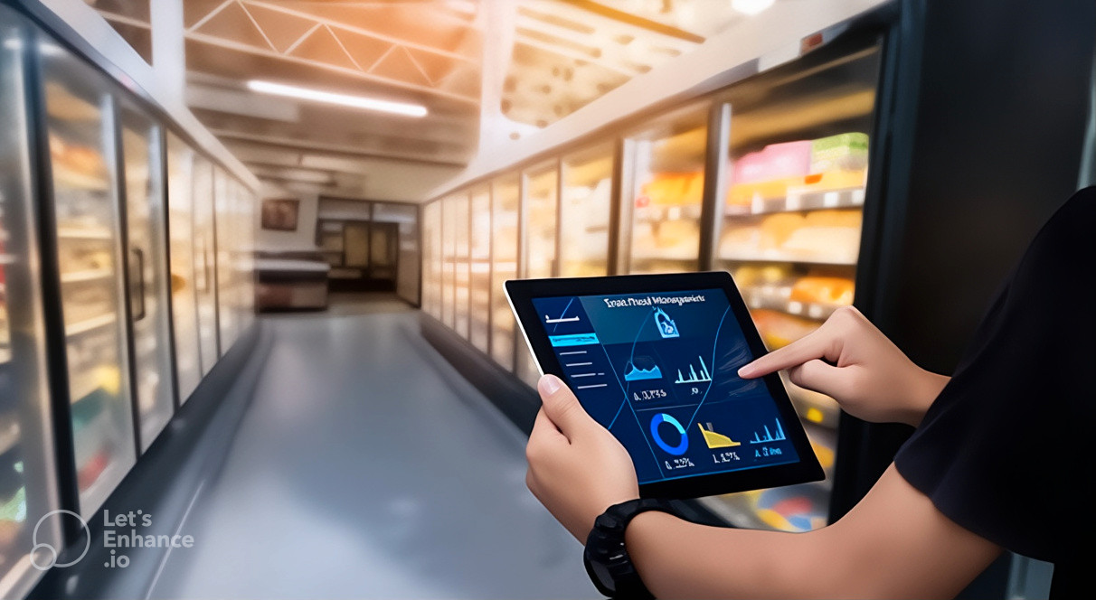 Pessoa utilizando tablet com gráficos de dados em supermercado, mostrando tecnologia aplicada à gestão do varejo físico